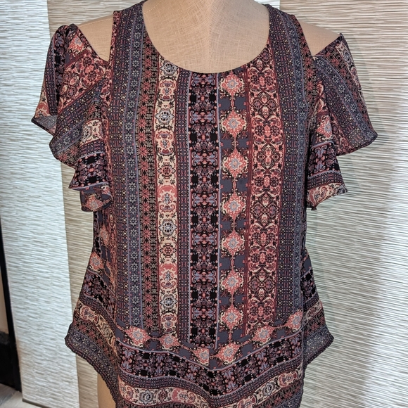 BCX Tops - BCX Patterned Cold Shoulder Blouse in Pink and Black